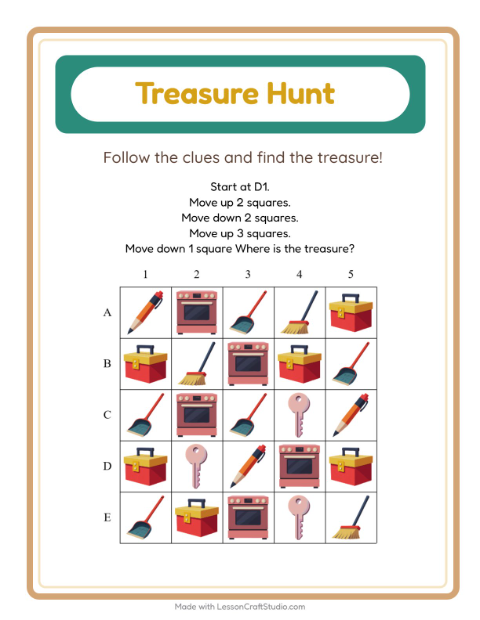 Preview of Treasure Hunt worksheet featuring 4th of July for grade 1