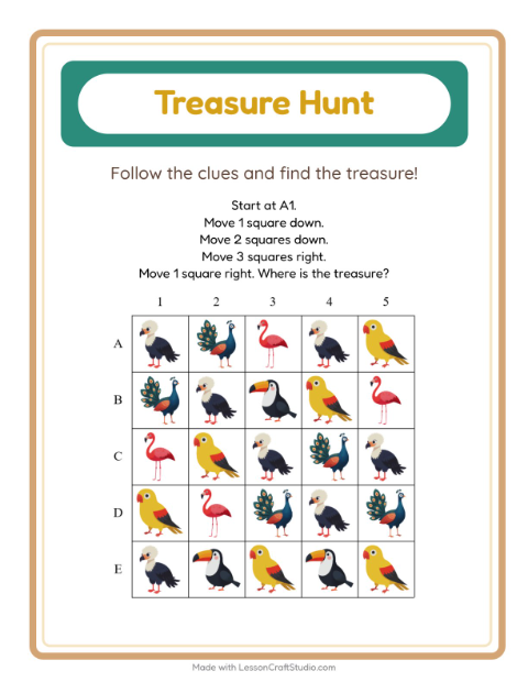 Preview of Treasure Hunt worksheet featuring Birds for kindergarten
