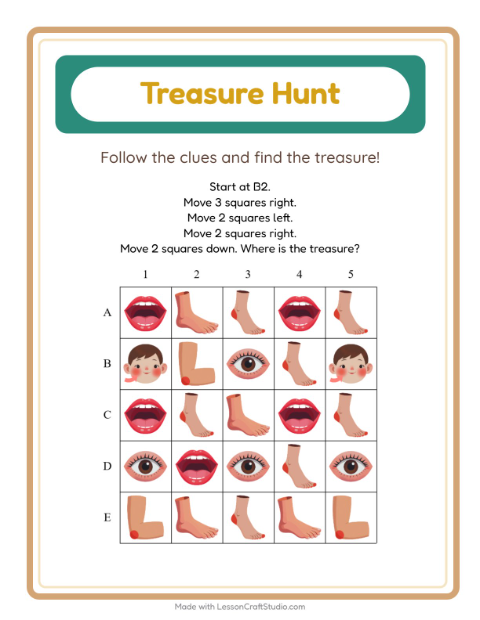 Preview of Treasure Hunt worksheet featuring Body Parts for kindergarten