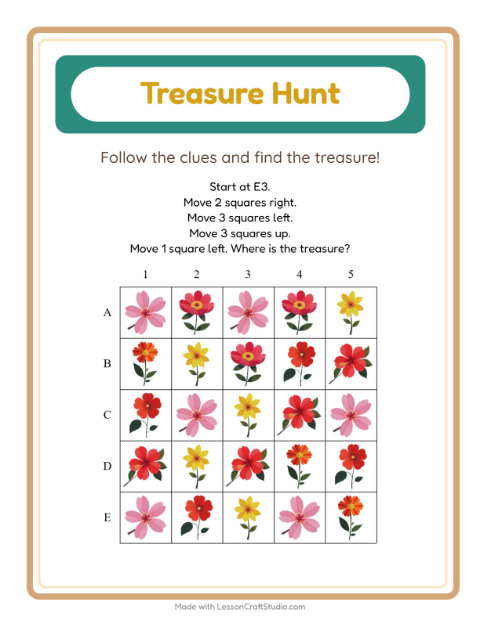 Preview of Treasure Hunt worksheet featuring Flowers for kindergarten