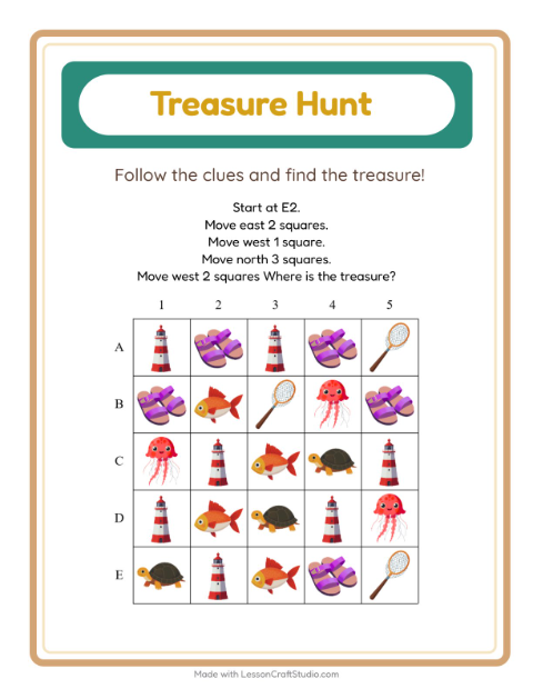 Preview of Treasure Hunt worksheet featuring 4th of July for grade 1
