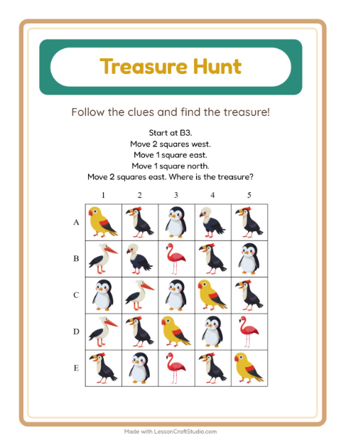 Preview of Treasure Hunt worksheet featuring Birds for kindergarten
