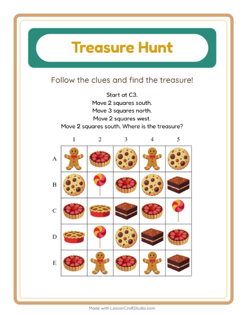 Preview of Treasure Hunt worksheet featuring Desserts and Sweets for kindergarten