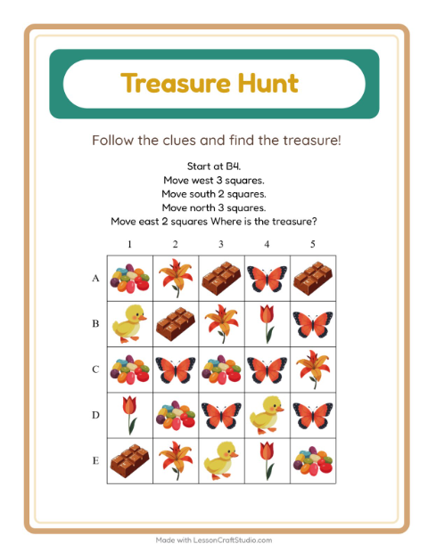 Preview of Treasure Hunt worksheet featuring 4th of July for grade 1