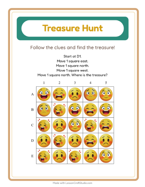Preview of Treasure Hunt worksheet featuring Emotions for kindergarten