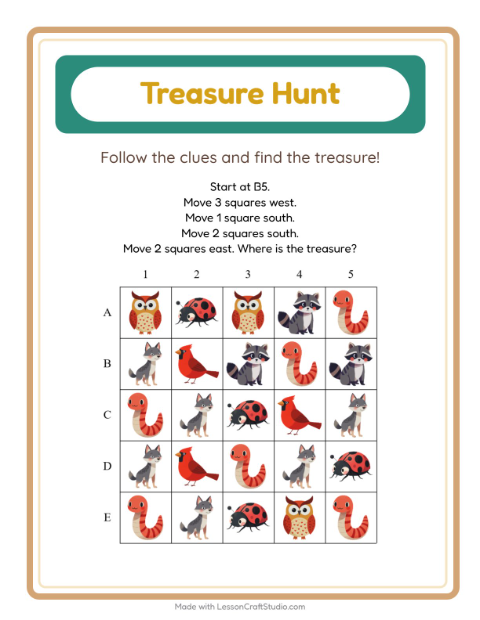 Preview of Treasure Hunt worksheet featuring Forest Creatures for kindergarten