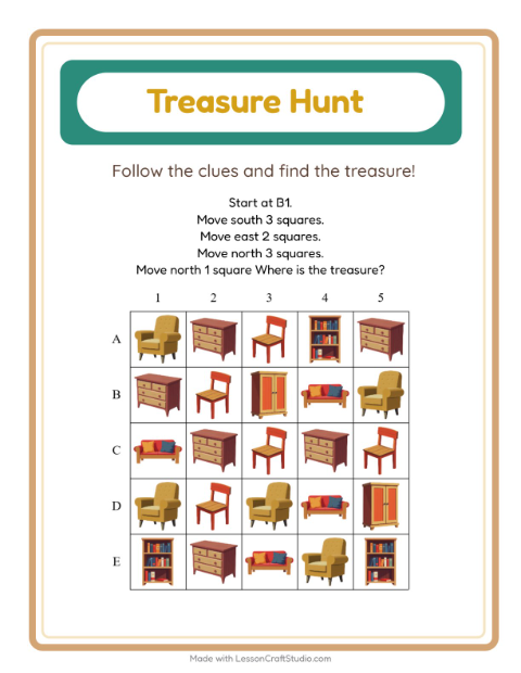 Preview of Treasure Hunt worksheet featuring 4th of July for grade 1