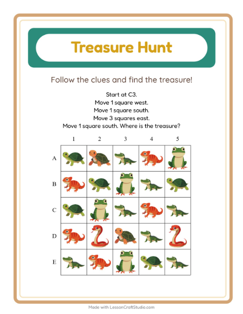 Preview of Treasure Hunt worksheet featuring Reptiles and Amphibians for kindergarten
