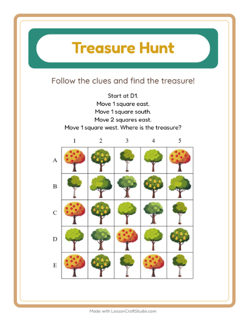 Preview of Treasure Hunt worksheet featuring Trees for grade 1