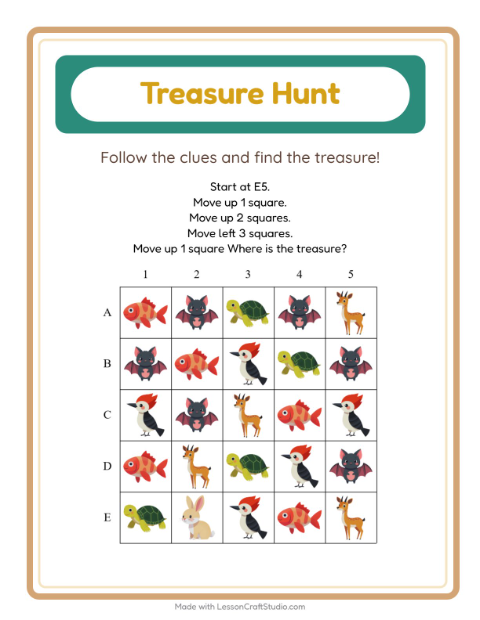 Preview of Treasure Hunt worksheet featuring Animals for grade 1
