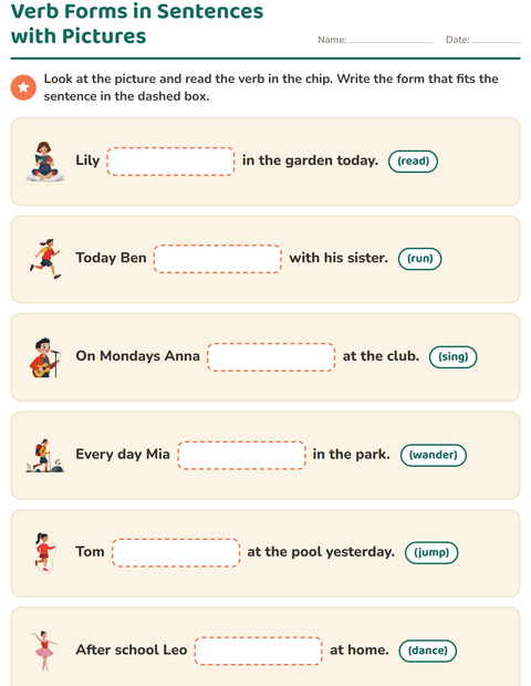 Verb Forms in Sentences with Pictures: Write the Form That Fits