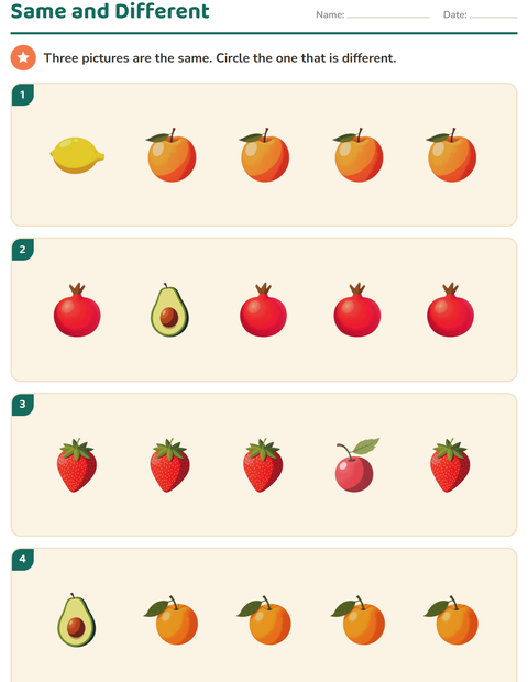 Preview of Visual Discrimination worksheet featuring Fruits for kindergarten