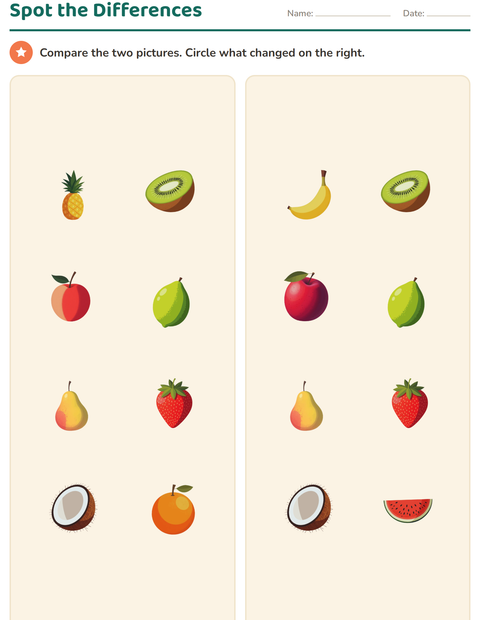 Preview of Visual Discrimination worksheet featuring Fruits for kindergarten