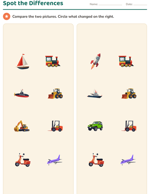 Preview of Visual Discrimination worksheet featuring Vehicles for kindergarten