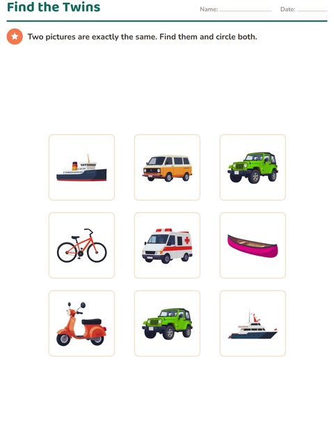 Preview of Visual Discrimination worksheet featuring Vehicles for kindergarten
