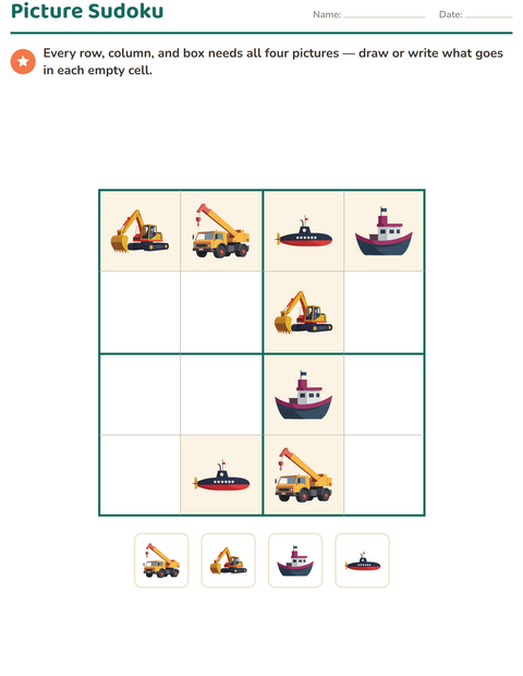 Preview of Visual Logic worksheet featuring Vehicles for grade 1