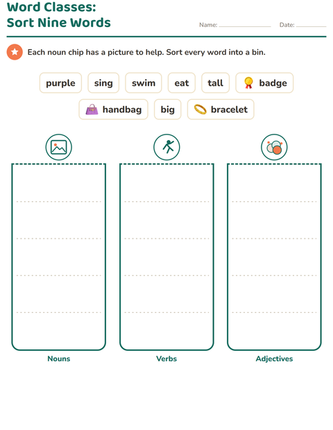 Preview of Word Classes worksheet featuring Accessories for grade 2