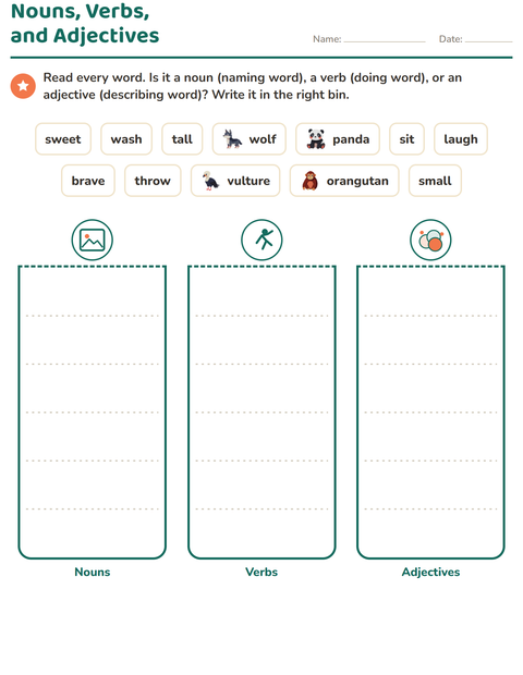 Preview of Word Classes worksheet featuring Animals for grade 2