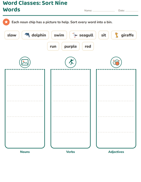 Word Classes: Sort Nine Words, with a Picture on Every Noun
