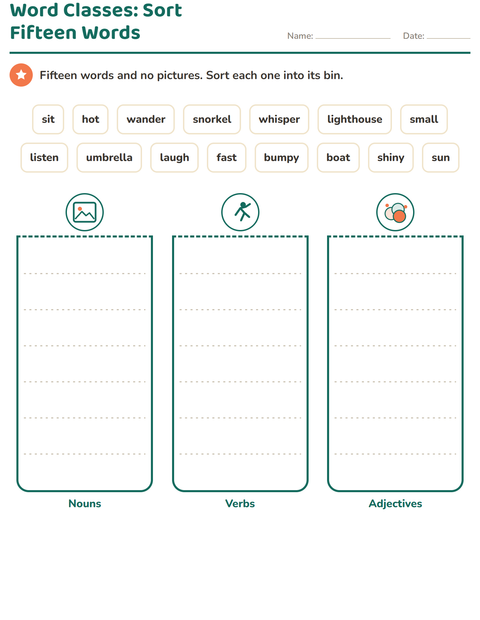 Preview of Word Classes worksheet featuring Beach for grade 2
