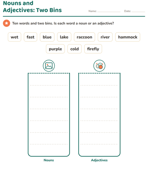 Preview of Word Classes worksheet featuring Camping for grade 1