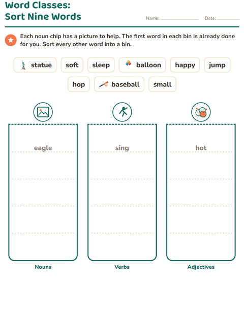 Preview of Word Classes worksheet featuring 4th of July for grade 2
