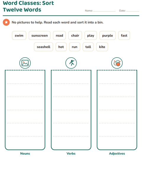 Preview of Word Classes worksheet featuring Beach for grade 2