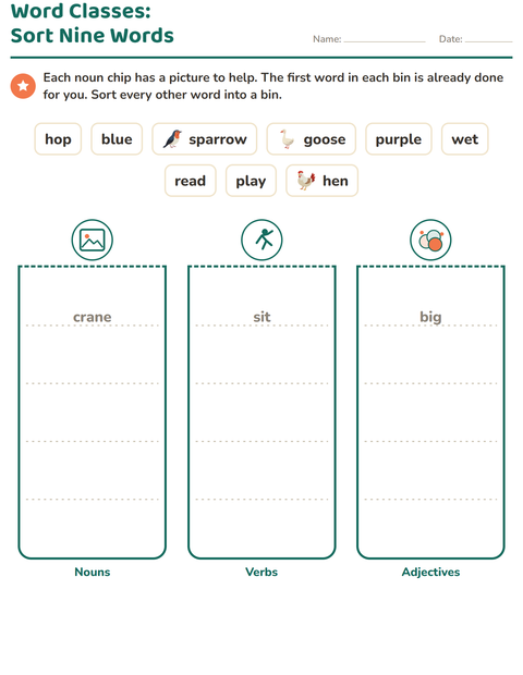 Preview of Word Classes worksheet featuring Birds 2 for grade 2