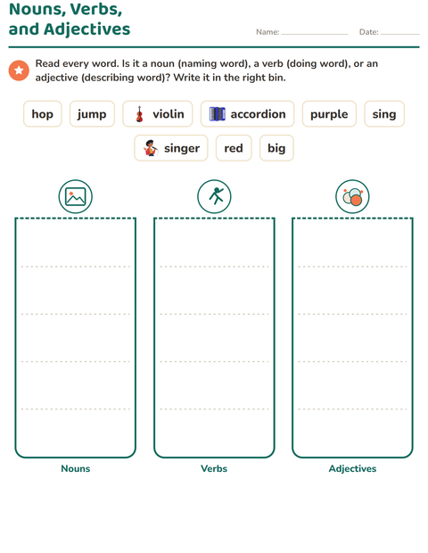 Preview of Word Classes worksheet featuring Music for grade 2