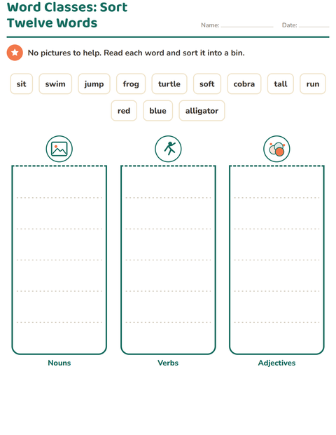 Preview of Word Classes worksheet featuring Reptiles and Amphibians for grade 2