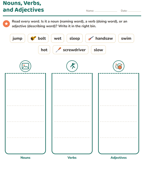 Preview of Word Classes worksheet featuring Tools for grade 2