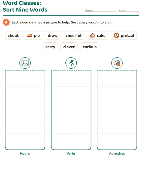 Preview of Word Classes worksheet featuring Bakery for grade 2