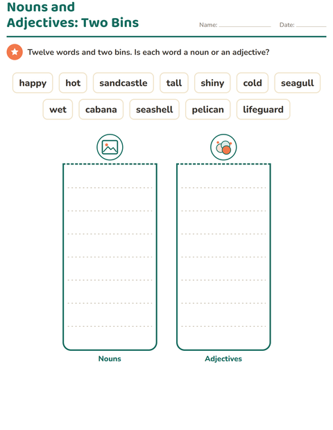 Preview of Word Classes worksheet featuring Beach for grade 1