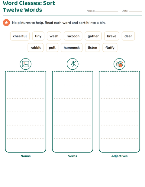 Preview of Word Classes worksheet featuring Camping for grade 2
