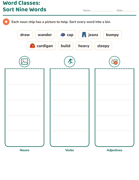 Preview of Word Classes worksheet featuring Clothing for grade 2