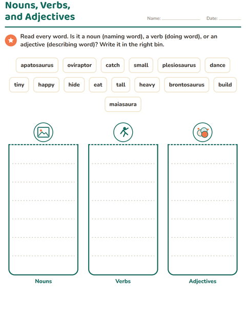 Preview of Word Classes worksheet featuring Dinosaurs for grade 2