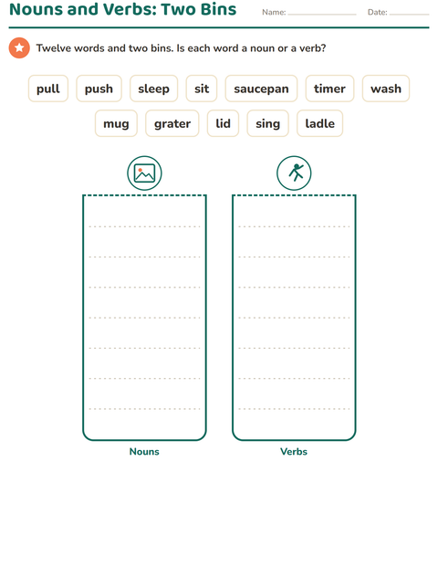 Preview of Word Classes worksheet featuring Kitchen Tools for grade 1