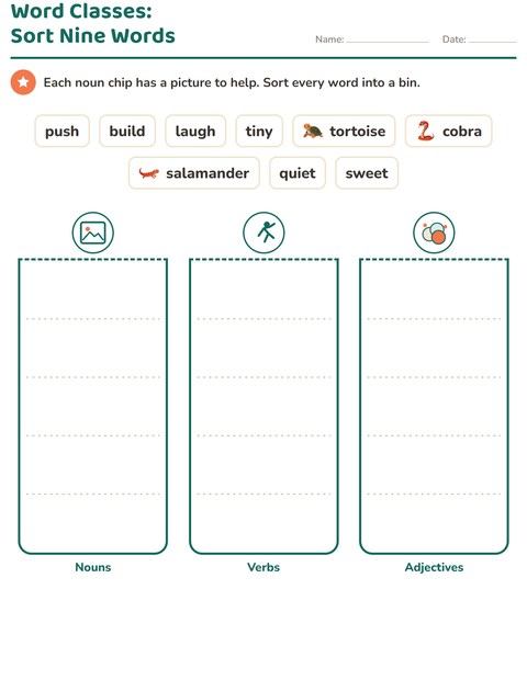 Preview of Word Classes worksheet featuring Reptiles and Amphibians for grade 2