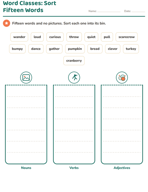 Preview of Word Classes worksheet featuring Thanksgiving for grade 2
