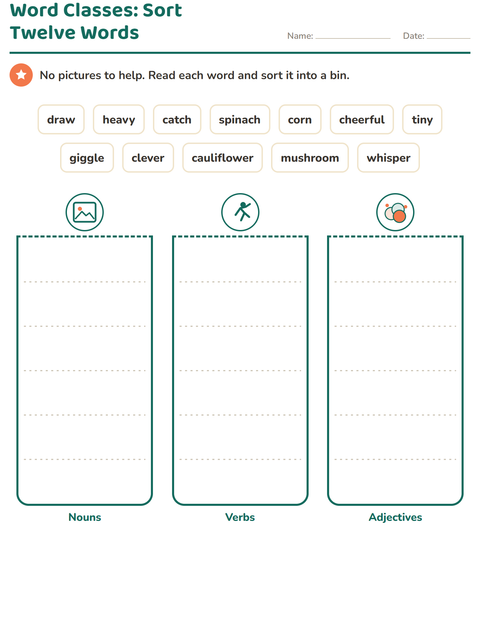 Preview of Word Classes worksheet featuring Vegetables for grade 2