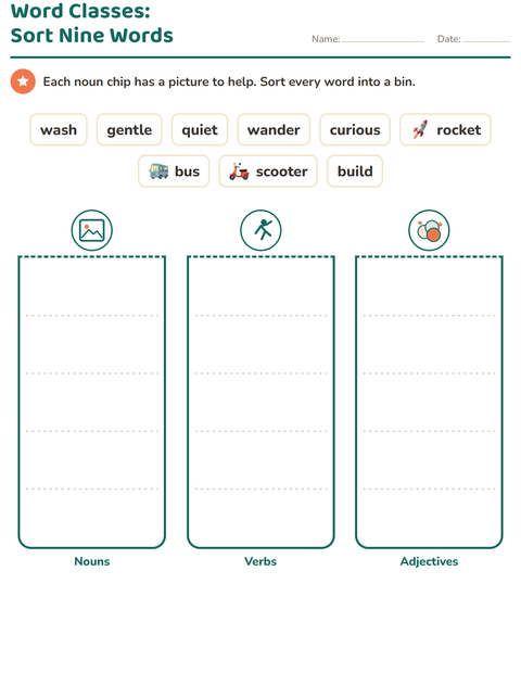 Preview of Word Classes worksheet featuring Vehicles for grade 2