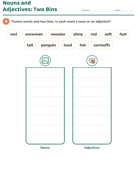 Preview of Word Classes worksheet featuring Winter for grade 1