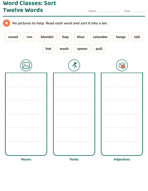 Preview of Word Classes worksheet featuring Kitchen Tools for grade 2