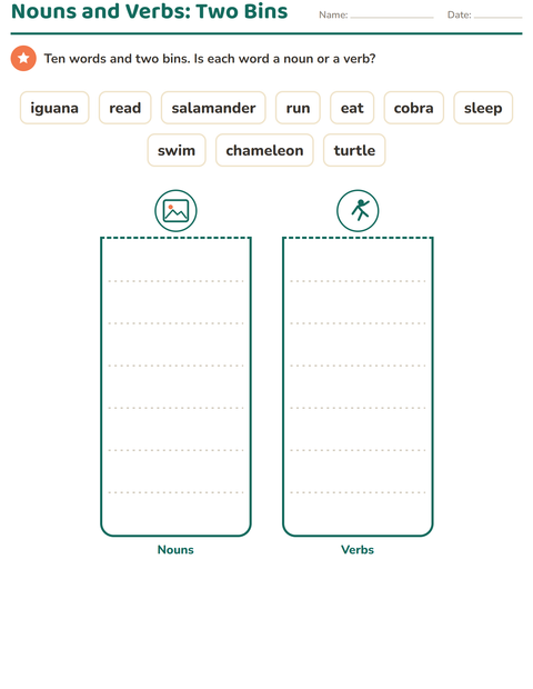 Preview of Word Classes worksheet featuring Reptiles and Amphibians for grade 1