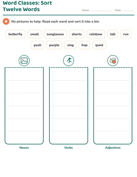 Preview of Word Classes worksheet featuring Summer for grade 2