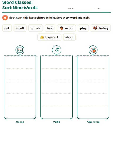 Preview of Word Classes worksheet featuring Thanksgiving for grade 2