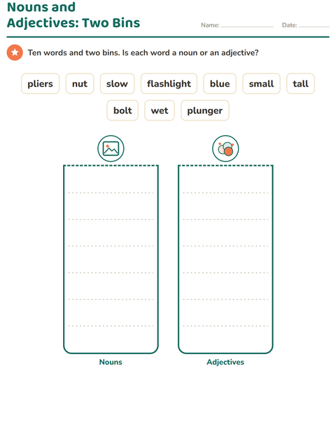 Preview of Word Classes worksheet featuring Tools for grade 1