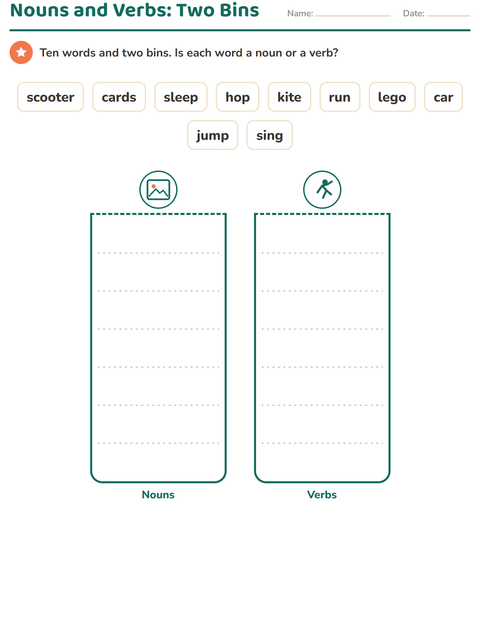 Nouns and Verbs: Sort Ten Words into Two Bins