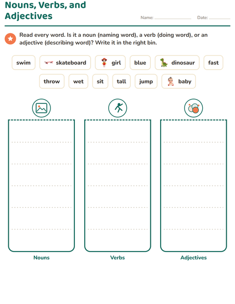 Nouns, Verbs, and Adjectives Sort: Write Each Word in Its Bin