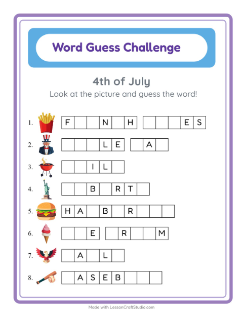 Preview of Word Guess worksheet featuring 4th of July for kindergarten